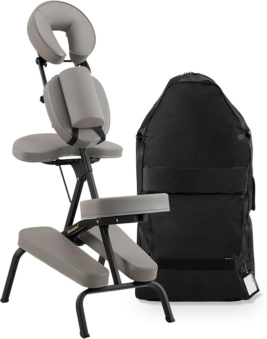 Aluminum Light-Weight Adjustable Folding Portable Travel Massage Chair with Backpack 402 Keanu (Grey)