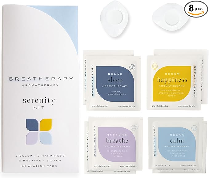 Serenity Kit | Pure Essential Oil Aromatherapy Inhalation Tabs | Calm, Happiness, Breathe and Sleep Patches | 8-Pack