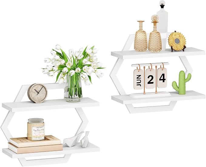 Hexagon Floating Shelves for Wall, Set of 2, 2 -Tier Hanging Shelves, Wall Mounted Storage Shelves, for Living Room, Bedroom, Kitchen, Home Office, Study, White TBJ06P2WB
