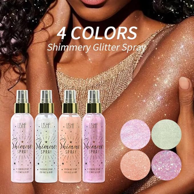 USHAS Body Glitter Spray 3.72 fl.oz - Temporary Body Shimmer Spray for Face, Hair, Clothing, Long Lasting Quick-Drying Shiny for Music Festival Rave (01)