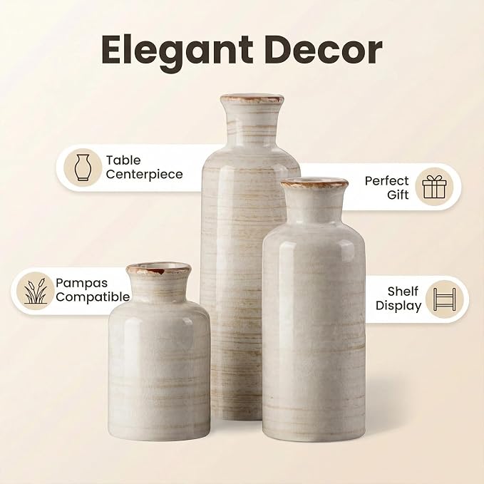 3Pcs White Rustic Ceramic Vases, Farmhouse Vases for Home Decor | Decorative Vases for Dining Table, Living Room, Kitchen, Bedroom, Shelf, Fireplace
