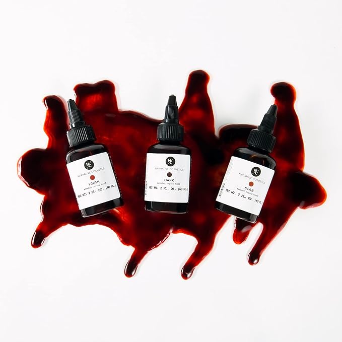 Narrative Cosmetics Alcohol Drying Blood, Ultra-Realistic Fake Liquid Blood, SFX Makeup for the Stage, Film, Halloween, and Cosplay - Dark, Fresh and Scab Blood Kit - 2oz Bottles