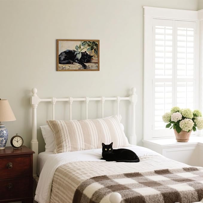 Framed Black Cat Canvas Wall Art, Vintage Sleeping Cat with Plant Picture Wall Decor Paintings, Cute Animal Poster Prints Rustic Aesthetic Home Decor for Living room Bedroom Bathroom 12x16 inch