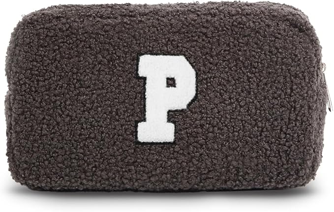 Cute Makeup Bag, Initial Cosmetic Bag, Fuzzy Makeup Bags for Women, Beauty Pouch with Chenille Letter, Personalized Cosmetic Pouch for Travel, Dark Grey P