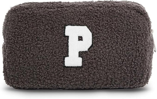 Cute Makeup Bag, Initial Cosmetic Bag, Fuzzy Makeup Bags for Women, Beauty Pouch with Chenille Letter, Personalized Cosmetic Pouch for Travel, Dark Grey P