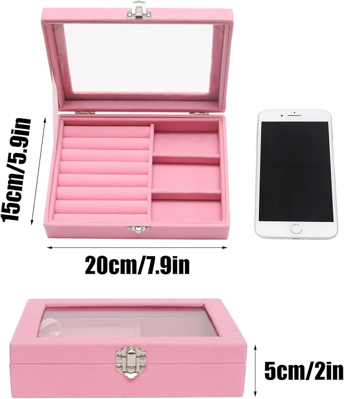 Small Velvet Jewelry Tray with Clear Lid, 2-in-1 Pink | Lockable Ring Earring Holder Organizer Storage Box Case Jewelry Box Organizer for Rings Earrings Bracelets Brooches