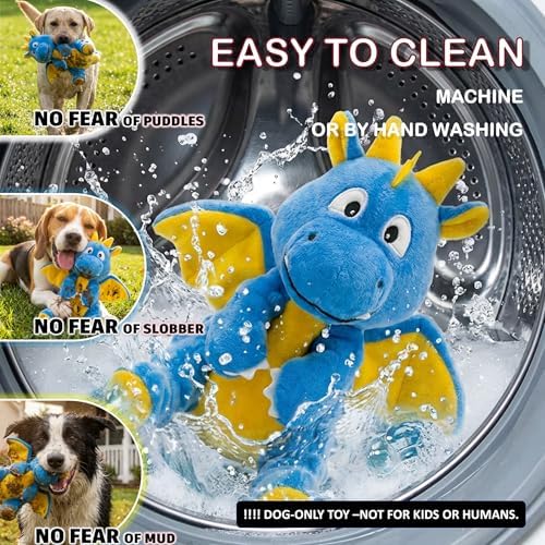 Squeaky Plush Dragon Dog Chew Toy - 8.3‘’X9‘’ Dog Toy for Small/Medium Dogs to Keep Pups Busy，Chewer Dog Toy with Crinkle Paper（Blue）