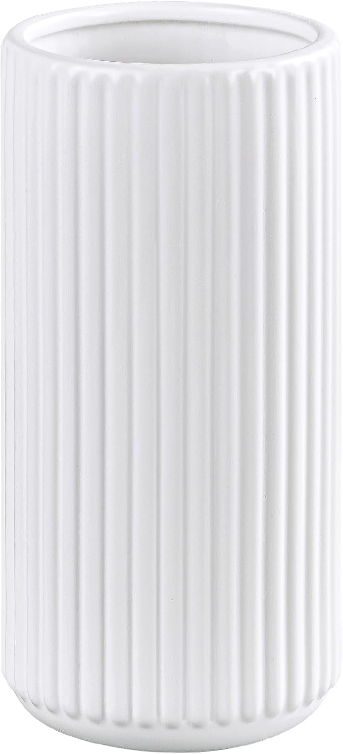 White Ceramic Flower Vase for Pampas Grass, 10 inch Large Decorative Centerpiece Ribbed Vase for Dining Table, Office Desktop, Shelf Bookshelf, Mantel, Entryway, Bathroom, Countertop, Farmhouse, Gift