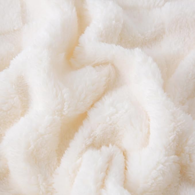 Cream White Fleece Throw Blanket 90”×90”Checkered Design for Couch | Super Soft Cozy Plush Microfiber 3D Square Pattern Flannel Blanket for Sofa Bed Lightweight for Adults,Women
