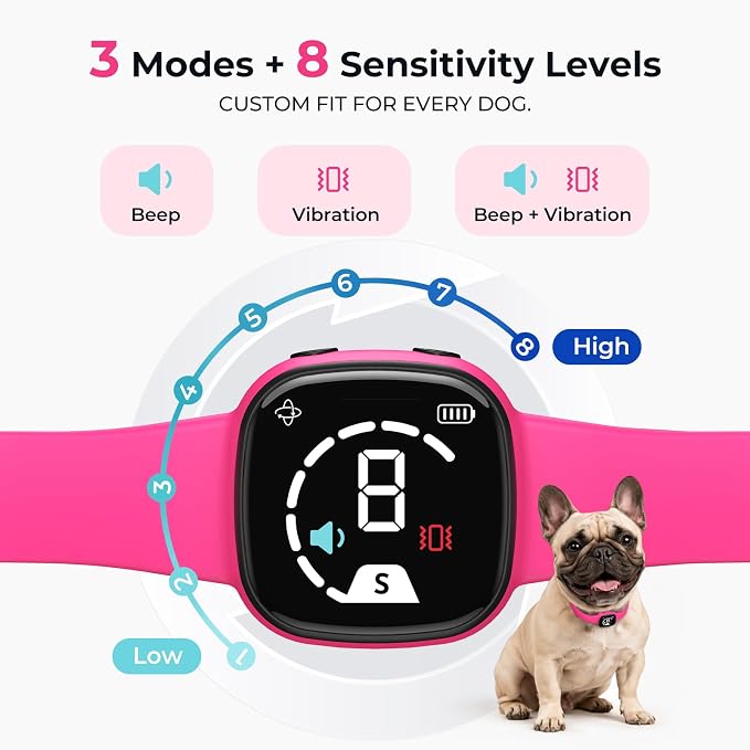 Stop Barking Collar, Dog Bark Collar with Silicone Strap, Bark Collar for Small Medium Large Dogs, Fashionable and Light-Weight Bark Collar with Beep & Vibration, 8 Sensitivity, Peach Pink