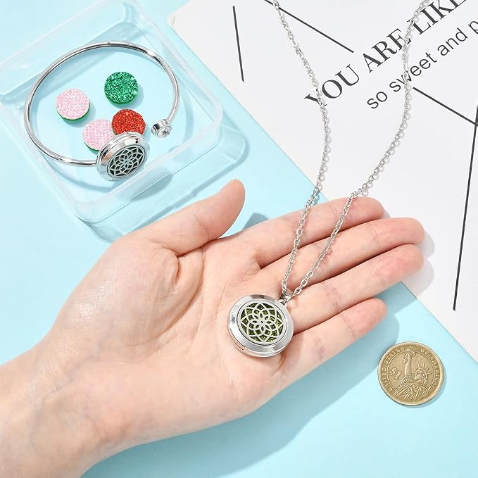 SUNNYCLUE 1Pc Essential Oil Necklace 1Pc Essential Oil Diffuser Bracelet with 10Pcs Refill Pads Flower Stainless Steel Aromatherapy Locket Pendant Bracelets Necklaces Diffuser Jewelry for Women Gifts