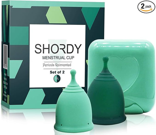 SHORDY Reusable Menstrual Cups (Small & Large) Set of 2 with Box, 100% Soft Silicone, Copa Menstruelle, Period Cup, Heavy & Light Flow, Feminine Hygiene, Tampons, Pads & Disc Alternative for Women