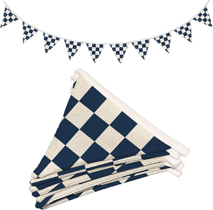 Boys Room Wall Art Decor,Cars Room Decor for Toddler Nursery Playroom,Navy Blue and White Checkered Garland Pennant Banners,Racing Flags 11Ft Bunting Flags Fabric for Baby Shower Birthday Party