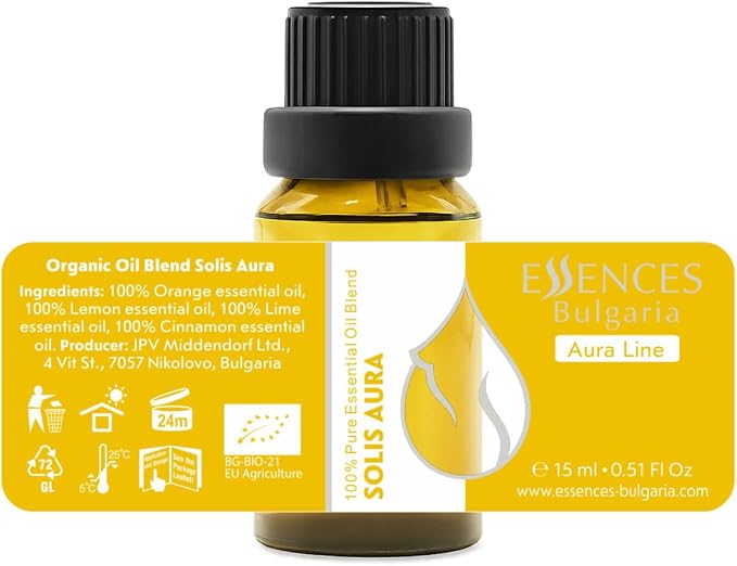 Essences Bulgaria Solis Aura Organic Essential Oil Blend 0.51 Fl Oz | 15ml | Orange, Lemon, Lime, Cinnamon | Aromatherapy, Sauna & SPA | 100% Pure & Natural | Undiluted