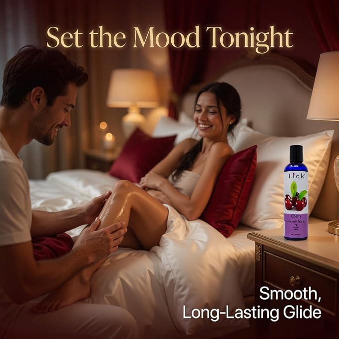 Lick Cherry Flavored Massage Oil – Bold Fruit Edible Massage Oil with Vitamin E, Rich Smooth Body-Safe Glide for Romantic Couples Massage Experiences, 4 oz