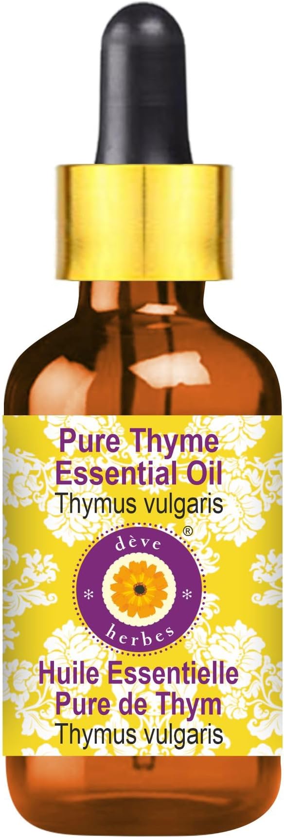 dève herbes Thyme Essential Oil (Thymus vulgaris) with Glass Dropper | Pure | Non-Sticky | Non-Greasy | Lightweight | Men & Women | All Skin Types | Steam Distilled 10ml (0.33 oz)