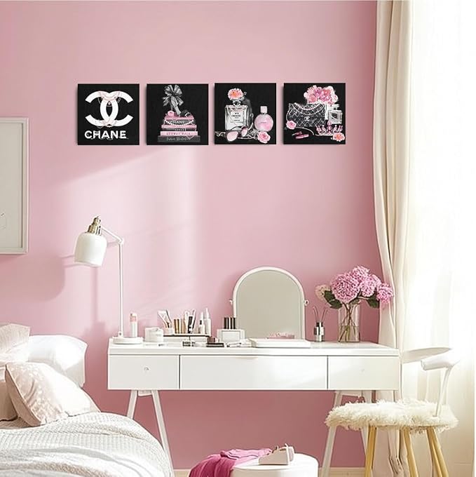 Framed 4 Pcs Pink Fashion Canvas Wall Art Black and White Wall Decor | Aesthetic Posters Art Prints Artwork Pink Pictures for Women Teen Girls Room Bedroom Apartment Vogue Office Decor 8x8 inches