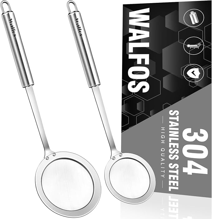 Walfos Fat Skimmer Spoon, 304 Stainless Steel Fat skimmer For Cooking, Fine Mesh Strainer, Food Strainer Fit For Separation Of The Floating Foam, Fat, Grease - Set of 2 Sise