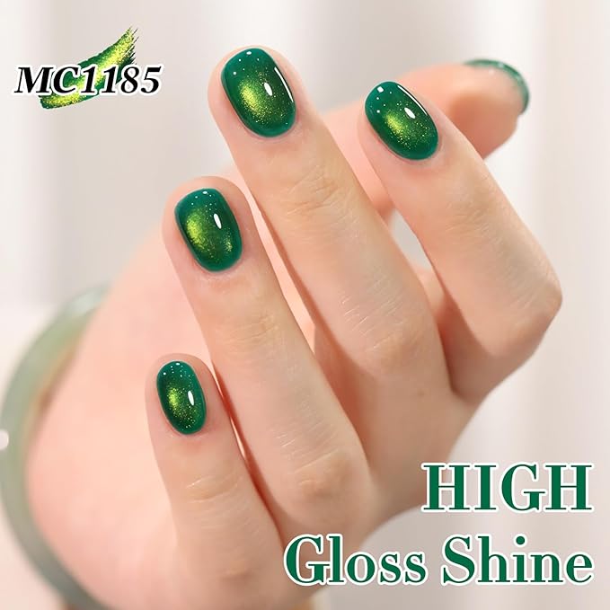 Double Rhythm 15ML Jelly Glass Cat Eye Gel Polish with Magnet Holographic Glitter Shimmer Translucent Sheer Color Salon Soak Off Magnetic Nail at Home (Dark Green-MC1185)