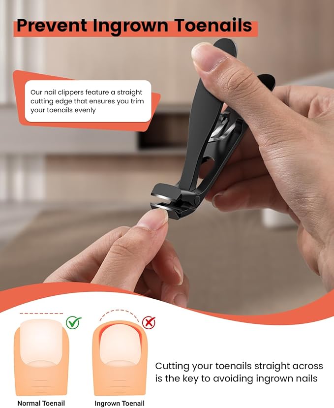 BEZOX Angled Head Toe Nail Clippers for Thick Nails – Straight Blade Toenails Clipper for Seniors, Ergonomic Nail Cutters with Catcher, Heavy-Duty Nail Trimmer - Black