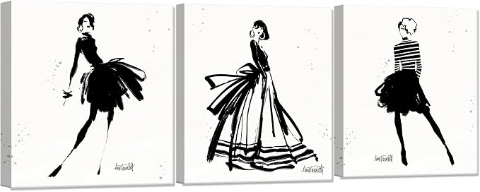 Chadow Artwork 3 Pieces Girl in Black Dress Wall Art Bathroom Art Fashion Women Canvas Pictures for Bedroom Beauty Salon Bathroom Makeup Room Decor 12"x16" (30cmx40cm)