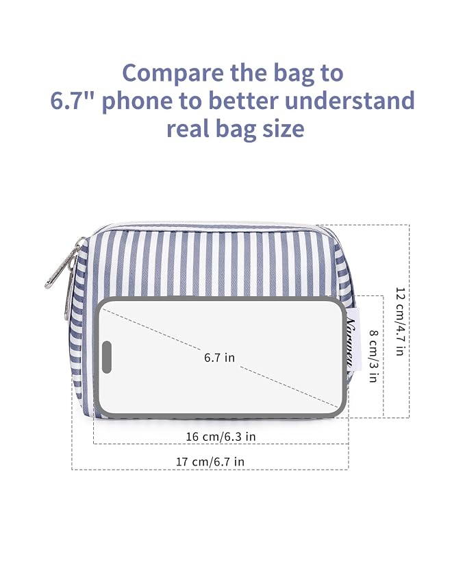 Narwey Small Striped Makeup Bag for Purse Mini Cosmetic Bag Travel Makeup Pouch Zipper Pouch Cute Make up Bags with Compartments for Women Girls (Greyish Blue Stripe, Small)