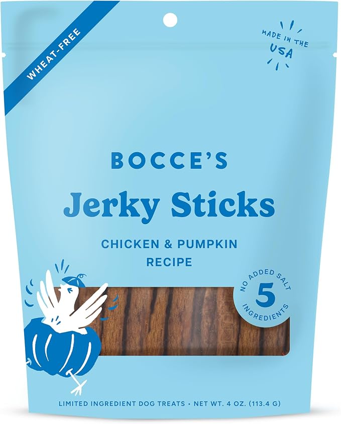 Bocce's Bakery Chicken & Pumpkin Flavor Jerky Stick Dog Treats, 4 oz | High-Protein, Wheat-Free, Limited-Ingredient Treats with No Added Salt or Sugar - Baked in The USA