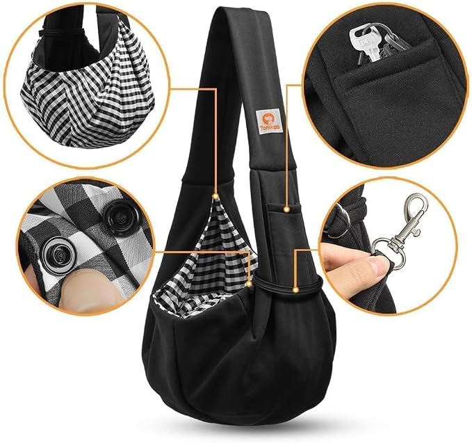 Tomkas Small Dog Sling Carrier - Classic Pocket & Classic Strap - Wrap Carrier - for 3-10 lbs Pets(Black)