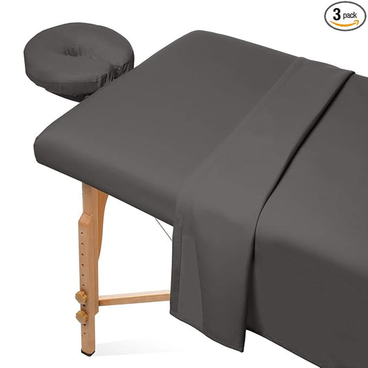 Saloniture 3-Piece Microfiber Massage Table Sheet Set - Premium Facial Bed Cover - Includes Flat and Fitted Sheets with Face Cradle Cover - Gray