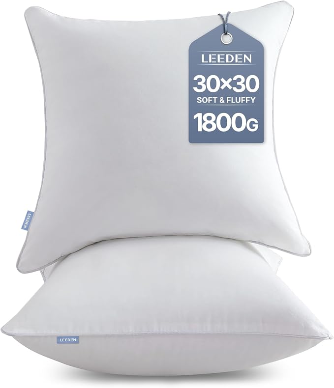 Leeden 30 x 30 Throw Pillow Inserts Set of 2, Fluffy Euro Pillows | Fluffy & Firm Down Alternative Euro Pillow Inserts with 100% Cotton Cover, Soft Square Pillow Forms for Couch & Living Room