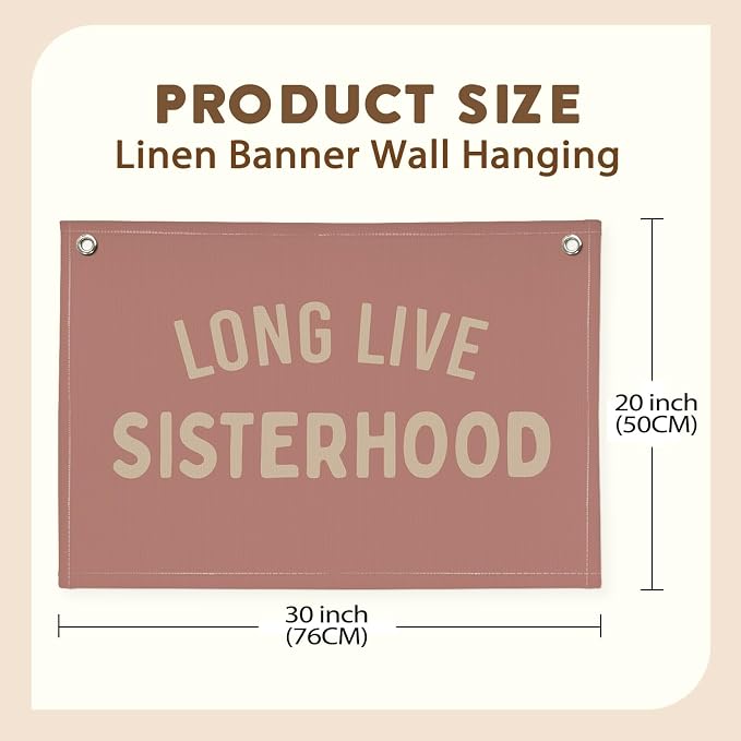 Girl Room Decor Long Live Sisterhood Linen Banner Hanging Flag Pink Banner for Nursery Playroom Wall Decor for Kids Bedroom Dorm Toddler Decorations Trendy Room Decor 30x20 In (Sisterhood)