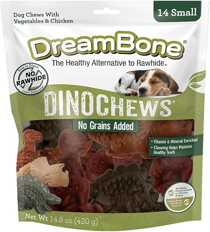 DreamBone Small DinoChews Rawhide-Free Dog Treats, 14 Count (24 Count) | No Grain Added, Daily Chew, Digests Safely and Completely, Made With Real Protein, Chicken and Veggies, For Adult Dogs