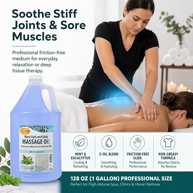 SPA REDI Mint Eucalyptus Massage Oil – Alcohol-Free, Sulfate-Free & Silicone-Free Professional Massage Oil | Almond, Avocado, Sunflower & Vitamin E Botanical Blend | Cruelty-Free | Made in USA 128 oz