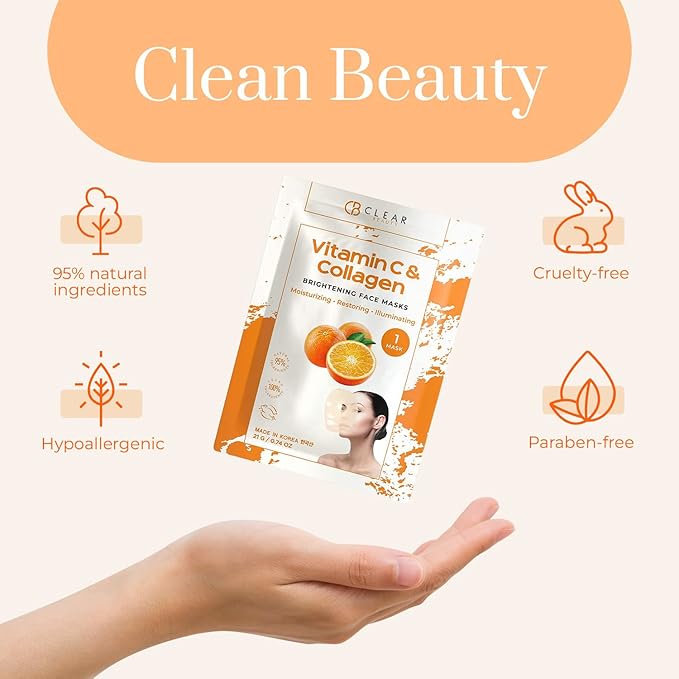 Clear Beauty Vitamin C & Collagen Face Mask - Dermatologist Tested - Diminishes Fine Lines & Wrinkles, Anti-Aging, Natural Ingredients, Cruelty-Free Korean Skin Care - All Skin Types