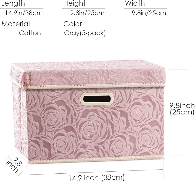Collapsible Storage Boxes with Lids [5-Pack] Fabric Decorative Storage Bins Cubes Organizer Containers Baskets with Cover Handles Divider for Bedroom Closet Living Room Pink 14.9x9.8x9.8 Inch