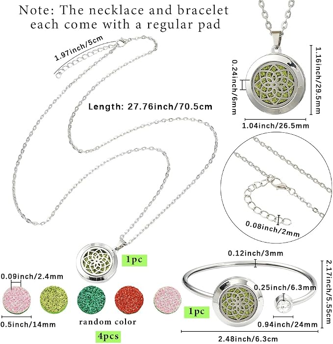SUNNYCLUE 1Pc Essential Oil Necklace 1Pc Essential Oil Diffuser Bracelet with 10Pcs Refill Pads Flower Stainless Steel Aromatherapy Locket Pendant Bracelets Necklaces Diffuser Jewelry for Women Gifts