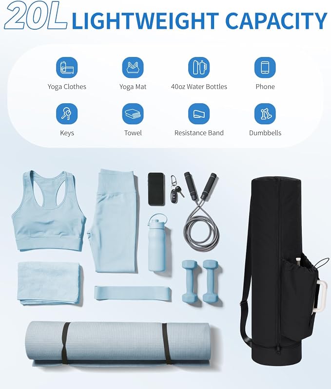 sportsnew Puffy Yoga Mat Bag Yoga Gym Bags for Women Men, Full-Zip Pilates Bag with Wet Pocket & Side Zip Drawstring Pocket Fits Tumblers with Handle, Yoga Mat Storage for Carrier Quick Access