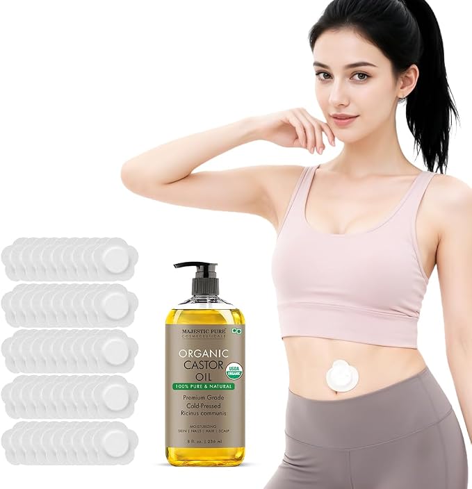 Majestic Pure Oil - 100% Pure and Natural- Cold Pressed & Hexane Free Natural Hair Growth Oil for Eyelashes, Eyebrows, Skin, Body, Face, Nails & Scalp - Organic Castor Oil with Patches 8 Fl Oz