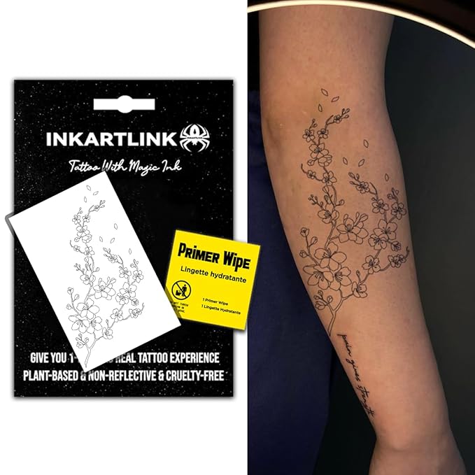 INKARTLINK Semi Permanent Tattoo, Party Tattoo, Beautiful and Realistic Design, Fun Tattoo Experience, Cruelty-free, Non-reflective, Waterproof (Cherry Blossoms)