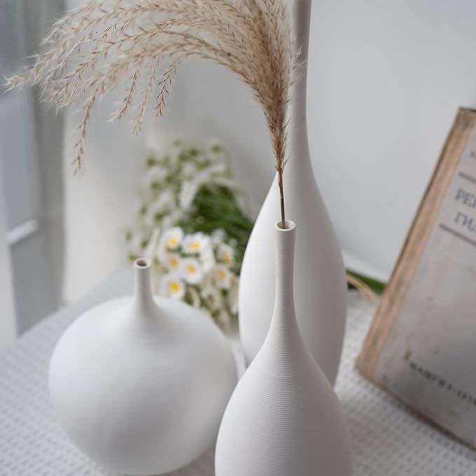 Relexome White Ceramic Vase Modern Boho Wabi-Sabi Flower Vase Set of 3 Decorative Aesthetic Vases for Centerpieces Pampas Matte Minimalist Vases for Living Room Table Shelf Home Decor Gift