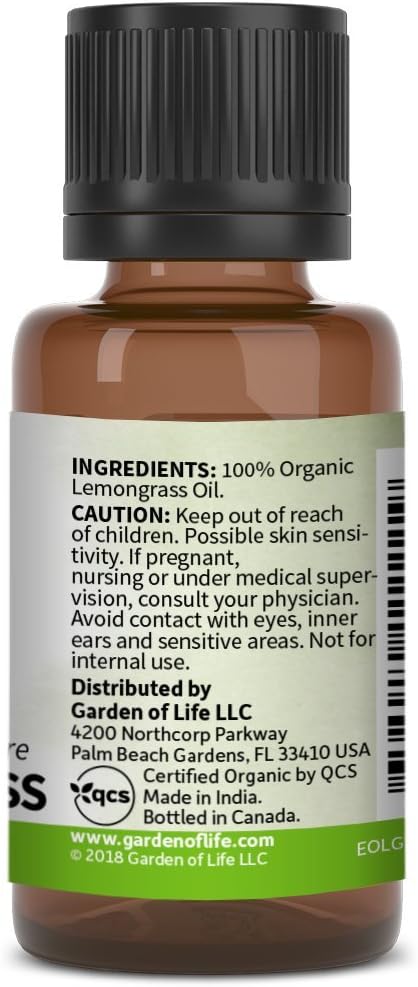 Garden of Life Lemongrass Essential Oil – 100% Pure Essential Oil for Diffuser, Aromatherapy, Meditation, Cleansing and Relaxing, USDA Organic, Non-GMO, 0.5 fl oz