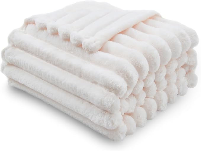 NEWCOSPLAY Fleece Ribbed Cozy Throw Blanket for Couch, Ivory, 50"x60" | Premium Silky Flannel Blanket, Soft Lightweight Fluffy Throw Blanket for Bed Sofa Decor, Gift for All Season Use