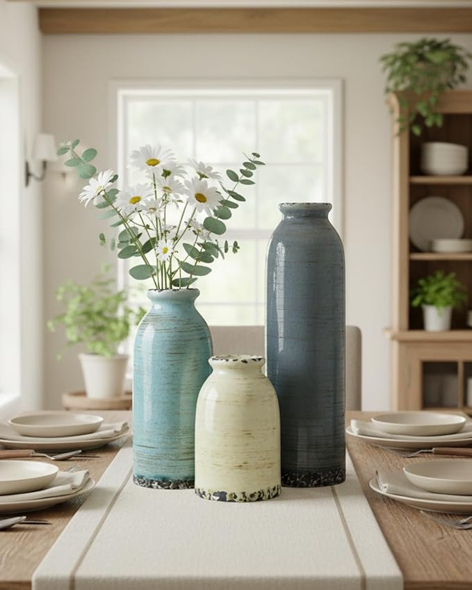 Modern Pottery Vase Set of 3, Neutral Ceramic Bottle Vases for Home Decor | Morandi colors and glazed rustic finish for flowers, table centerpieces, shelves and living rooms