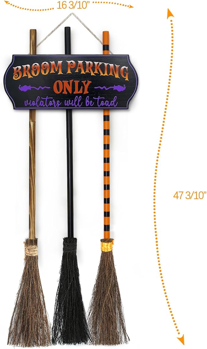 Halloween Decorations - Broom Parking Sign with 3 Wooden Witches Brooms | Hocus Pocus Decor, Halloween Decor, Front Porch Wall Decoration, For Indoor Outdoor Home Office Party