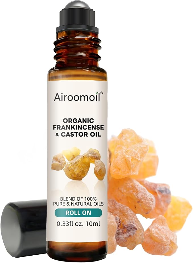 Frankincense and Castor Roll-On Oil, 100%Pure, Organic, 0.33Fl Oz | Natural plant blend oil, light and nourishing for the skin. Suitable for the wrists, temples Portable travel Aromatherapy