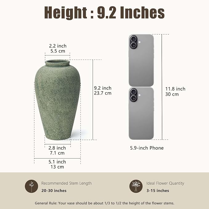 Ceramic Flower Vase Home Decor - 9.2 inch Large Farmhouse Table Vases, Rustic Decorative Vases for Kitchen Living Room Coffee Dining Shelf Mantel Decoration