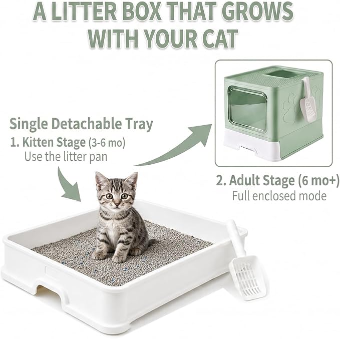 Medario Cat Litter Box with X-Large Litter Mat and Scoop(Upgrade Green) | Large Covered Litter Box with Lid, Enclosed Kitty Box,Front Top Entry Exit, Odor Control Easy to Clean