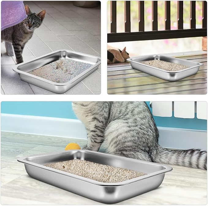 INOOMP Stainless Steel Cat Litter Box Open Design Large Metal Litter Pan Easy to Clean Portable Kitten Tray for Cats and Small Pets
