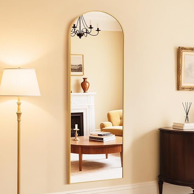 DUMOS 63"x20" Arched Full Length Floor Mirror, Full Body Mirror with Stand | Shatterproof Tempered Glass, Modern Aluminum Alloy Frame, Free Standing or Leaning for Home Decor, Gold