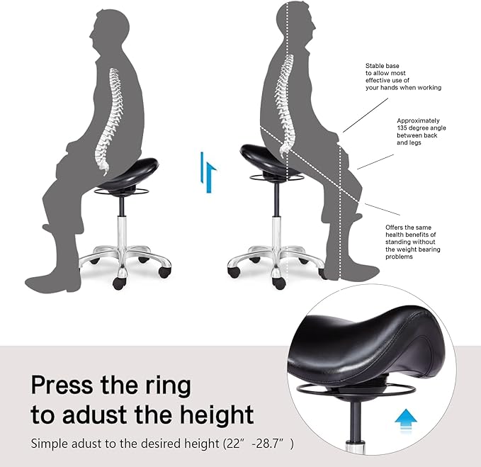 Saddle Stool Swivel Height Adjustable with Wheels Wobble Rolling Stool for Medical Massage Salon Kitchen Spa Drafting Lab Clinic Dentist, Ergonomic Hydraulic Seat Chair Office Stool